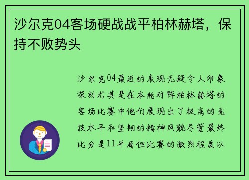 沙尔克04客场硬战战平柏林赫塔，保持不败势头