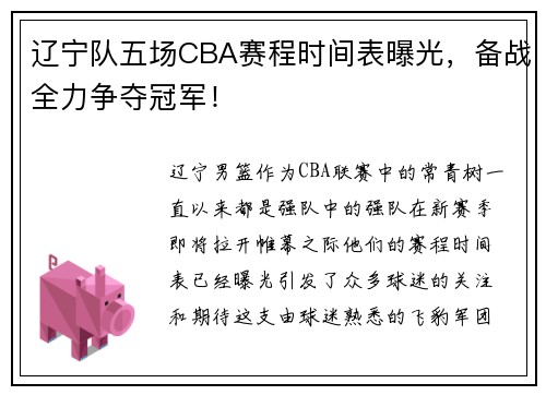 辽宁队五场CBA赛程时间表曝光，备战全力争夺冠军！